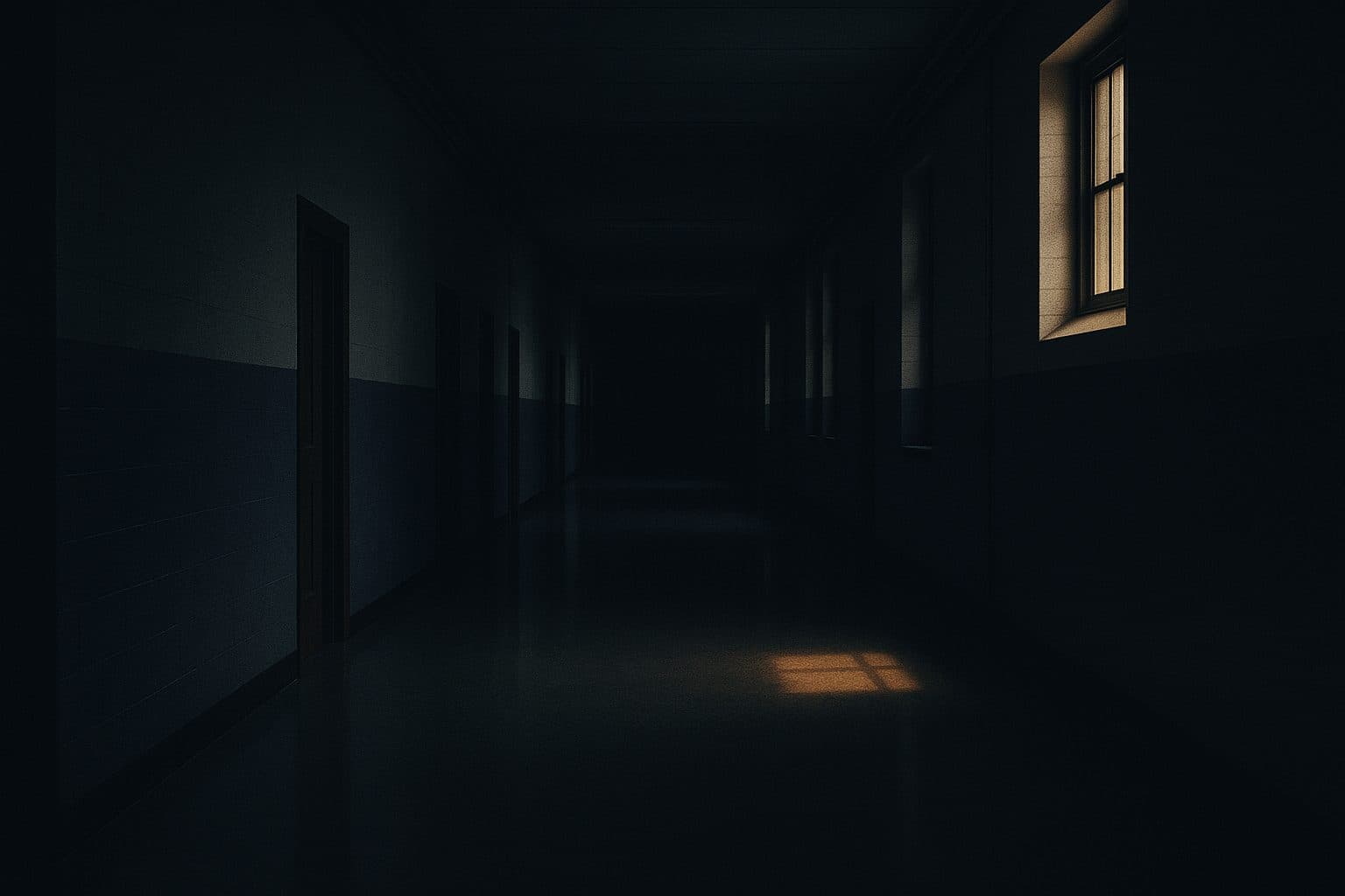 Empty institutional corridor lit by a high window